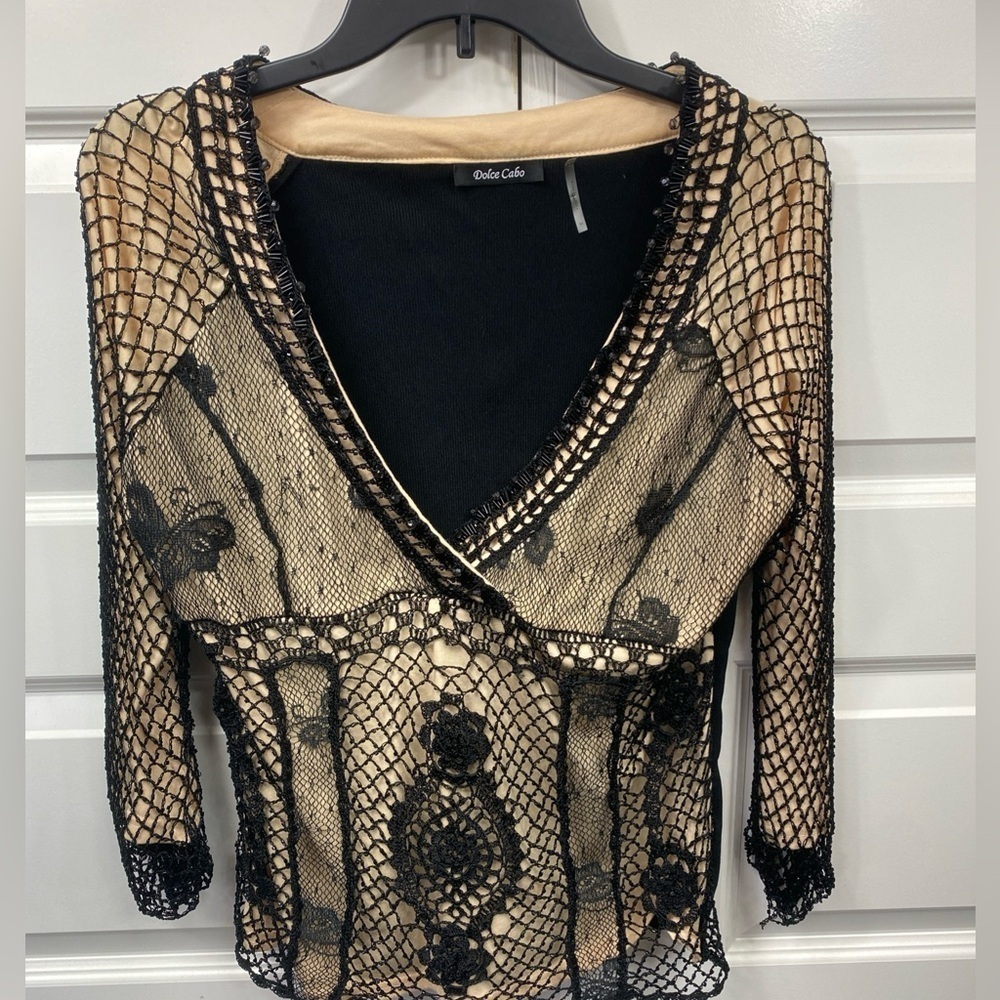 DOLCE CABO Black Beaded Fishnet Embroidered Top Layered XL Extra Large Whimsy